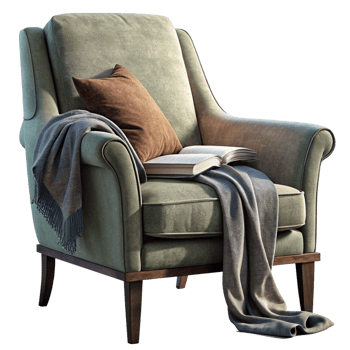 Plush Armchair Draped with a Warm Throw Blanket png