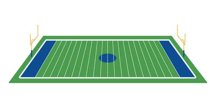 American football field with goal posts. Sports stadium ground with green grass or turf and white lines. Flat illustration isolated on white background vector