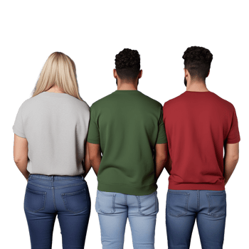 Back view of three people standing together, wearing different colored shirts, on a transparent background. png