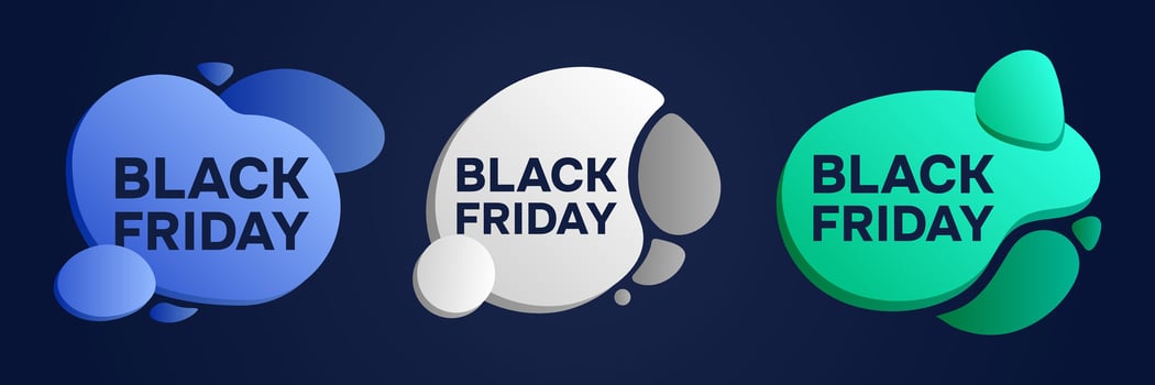 Black Friday on Abstract Gradient Shapes. Discount event. Text on unusual Smooth Liquid elements. November Sales day. Shopping, online purchases. Blue, white and green colors. illustration. vector