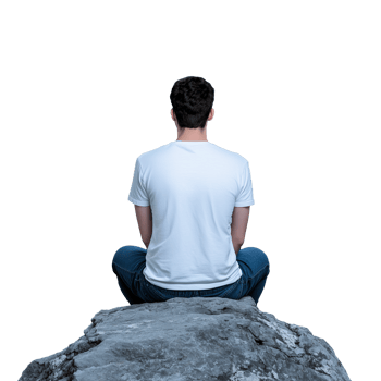 Man sitting on a large rock, back turned, wearing a white t shirt, on a transparent background. png