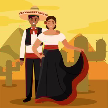 Mexican couple in traditional clothing in desert, vector