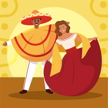 Happy Mexican couple dancing in traditional outfits, vector