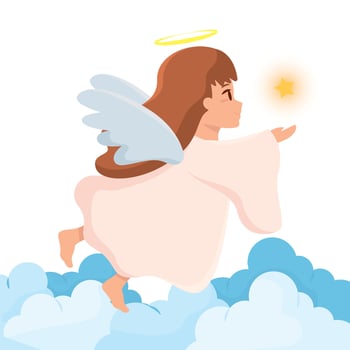 Cute angel with halo flying among clouds holding star vector
