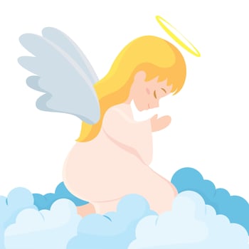 Cute angel with halo flying among clouds vector