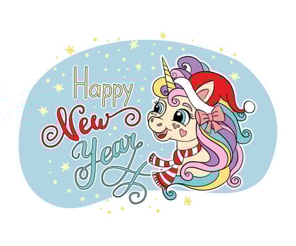 Christmas Unicorn head and lettering happy new year card vector