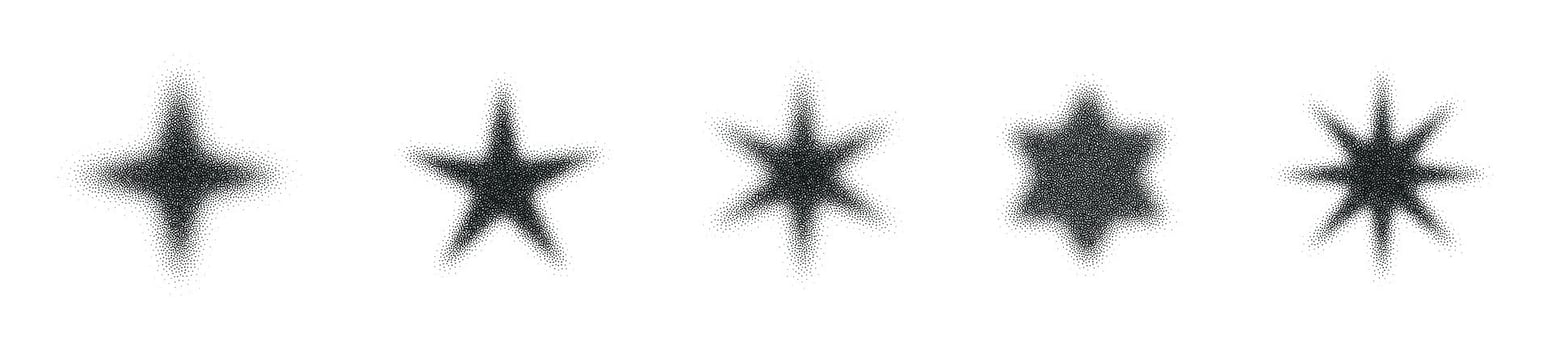 Halftone starburst with gradient dots and grainy noise effect. Abstract figure with fading pattern and half tone. Flat illustration isolated on white background. vector