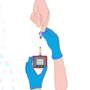 Illustration of a doctor's hand with blue gloves checking a patient's blood sugar with a glucometer. vector