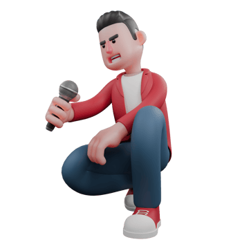3D Cartoon Singer Model. A male singer crouches while singing. Animated Performer png