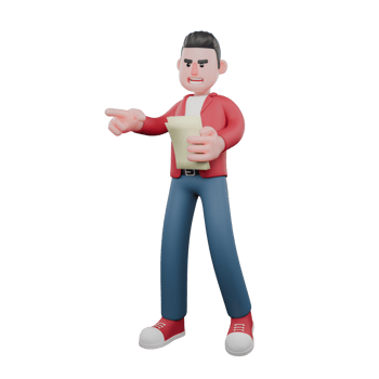 3D Male Performer Design. A male singer stands holding a sheet of paper in his right hand and his left hand points forward. Music Character png