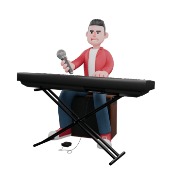 3D Singing Cartoon Character Design. A male singer sits in front of an electric keyboard with a microphone in his hand. Music Artist png
