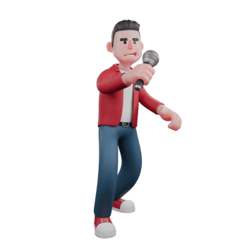 3D Singing Male Character. A male singer stands holding a mic in his left hand with an arrogant expression. Vocalist Cartoon png