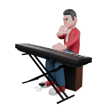 3D Animated Male Vocalist. A male singer is sitting at the speaker playing the electric piano and his right finger is holding his chin, as if he is confused. Vocal Talent png