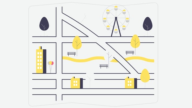 a stylized illustration of an urban landscape, featuring buildings, trees, benches, and street lamps. vector