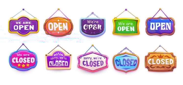 Board signs, open or closed shop notice signboards vector