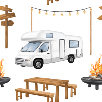 Seamless pattern with campground, wooden picnic table, white motorhome and campfire in forest among the cozy lamps. A tourist trip to nature, parks and nature reserves. Isolated illustration png