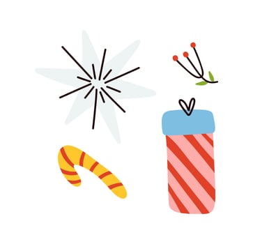 Gift, lollipop, star and branch. Set of festive elements vector