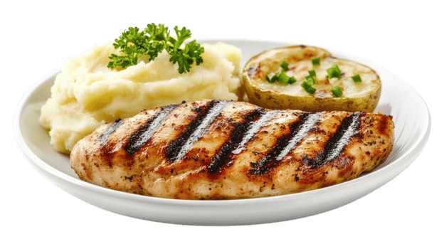 Grilled chicken breast with mashed potatoes and green beans png