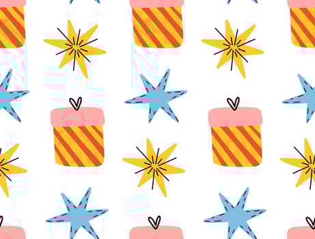 Seamless pattern. Surprise box and stars. New Year and Christmas objects. vector