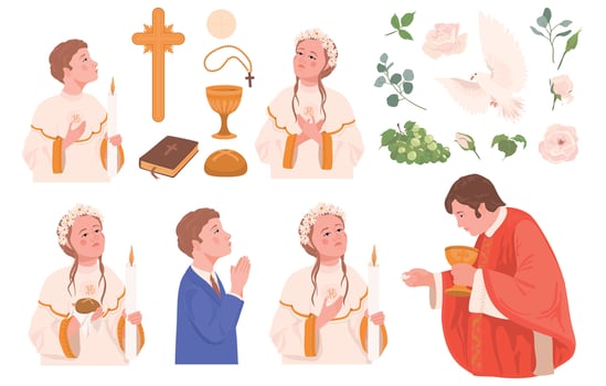 set of First Communion clip art. Boy and girl praying, priest conducting Eucharist. Grail, church bread, Bible, rosary, white dove, crucifix, flowers, decorated altar. Symbols of Christianity. vector