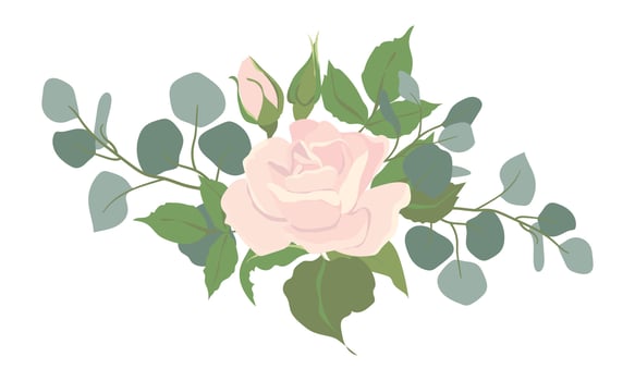 Bouquet of light pink roses and eucalyptus branches. Composition of beautiful flowers of different shapes, buds and leaves isolated on background. floral illustrations in cardboard flat style. vector
