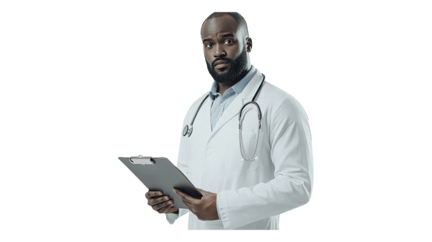 A black male doctor holding a clipboard png
