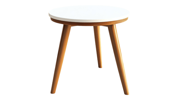 A white table with wooden legs and a round top png
