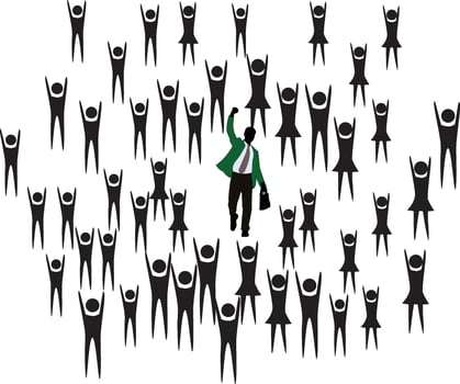Businessman celebrating success with arms raised among crowd vector