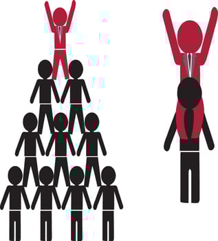 Businessman standing on a pyramid of colleagues for success vector