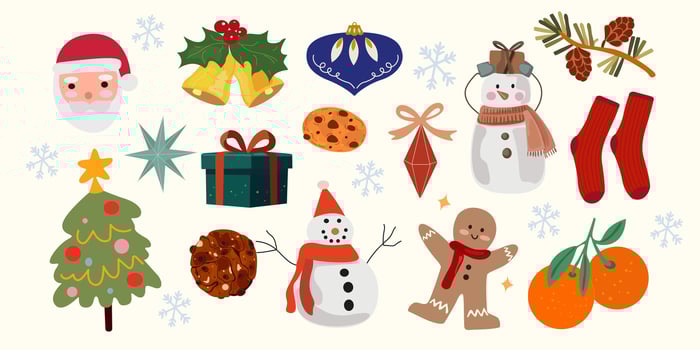Christmas and New Year stickers in flat style. Holiday seasonal illustrations. Merry Christmas holiday gifts, winter elements, snowman, tangerines, Santa, Christmas tree, Xmas decorations vector