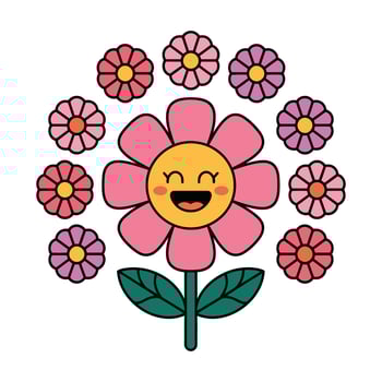 Colorful Cartoon Flower with Happy Face and Flowers Around vector