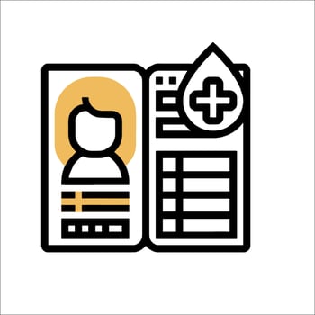 A medical record with a person's name and a drop of blood vector