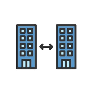 Two buildings with a blue arrow pointing to the left vector