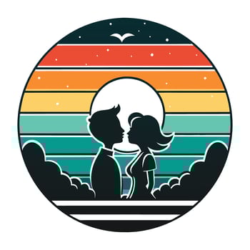 Silhouette Couple Kissing Romantic Sunset Retro Vintage Love vector