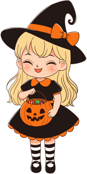 cute witch with candy pumpkin png