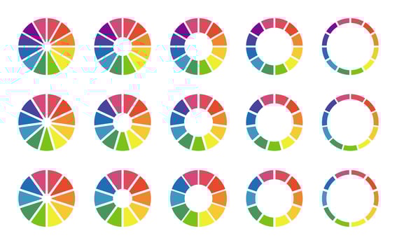 Donut charts, pies segmented on 10, 11, 12 equal parts. Wheels divided in sections. Diagrams infographic multicoloured collection. Circle section minimalist graph. Pizza chart round icon. Loading bar. vector