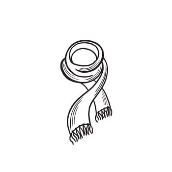 Wrapped scarf with fringe sketch. graphic line illustration hand drawn isolated. Black and white doodle. Winter or autumn warm clothes, christmas wool muffler. Clipart for app, print, website. vector