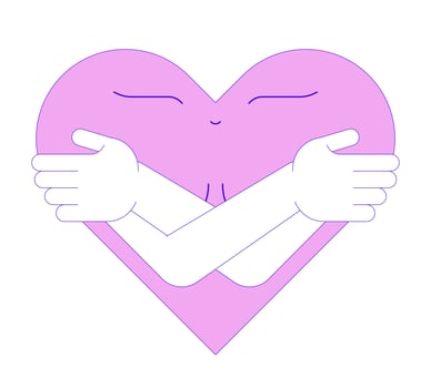 Self-compassion and breast cancer 2D illustration concept. Mental health. Self care behavior. Happy heart hugging self cartoon character isolated on white. Metaphor abstract flat graphic vector