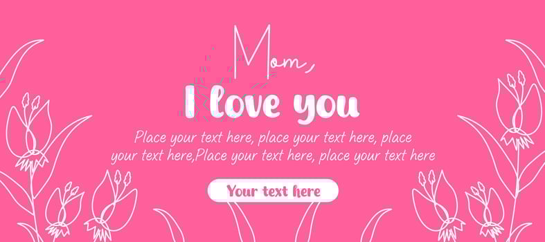 Mothers Day horizontal card simple illustration with flower lines, daisies, hand drawn floral art on pink background vector
