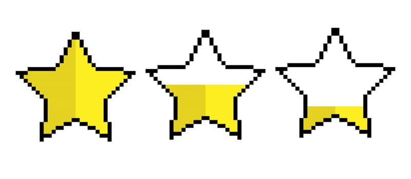 Yellow star pixel icon. Star shape 8 bits pixelated style sign. Ratings and reviews isolated on transparent background vector