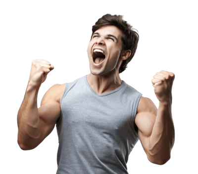 Strong man screaming and raising fists in celebration with transparent background png