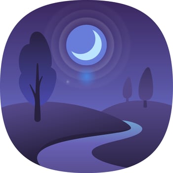 Crescent moon illuminating a serene landscape with a winding river, trees, and a starry night sky, creating a tranquil and magical atmosphere vector