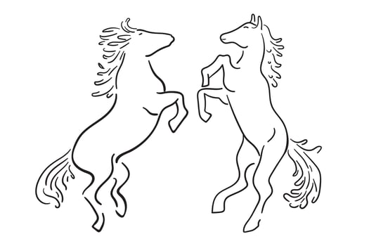 two black and white horses in line doodle style vector