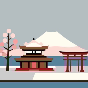 Japanese architecture with a tori gate and a mountain in the background vector