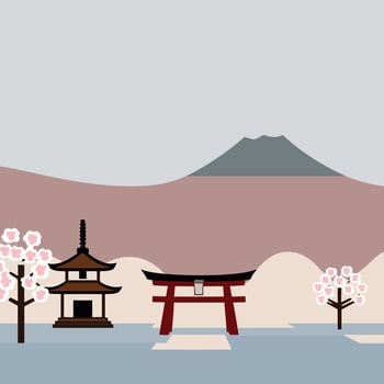 Japanese landscape with a torii gate and a pagoda vector