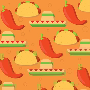 Chili peppers, tacos, and sombrero food pattern, vector