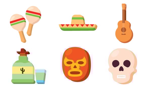 Sombrero, luchador mask, and tequila Mexican festive icons, vector