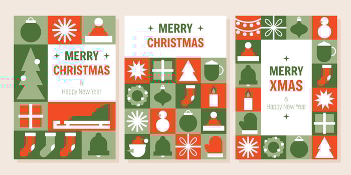 Merry Christmas and Happy New Year cards set, vertical a4 flat poster. Minimalist geometric modern style. Xmas background, holiday winter elements. For invitation, greeting card vector