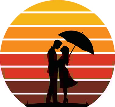 A couple standing under a umbrella on sunset illustration. vector