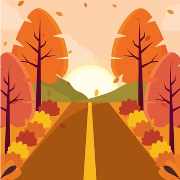 Autumn road lined with orange trees at sunset, vector